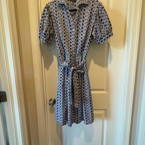 Brooks Brothers Blue and White Notched Collar Puff Sleeve Dress